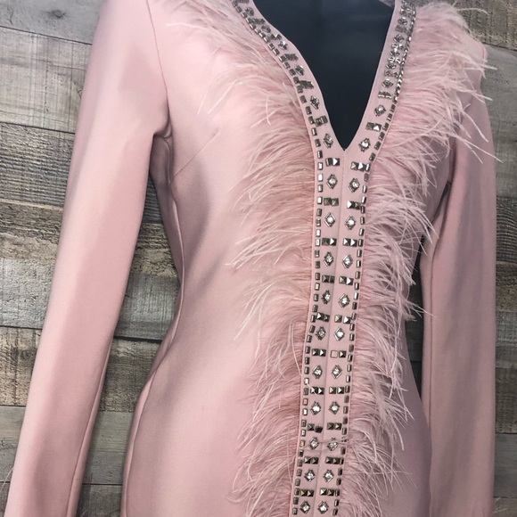 Pink/Salmon Colored Fashion Nova Bandage Dress with Feather Accents Size S - Picture 11 of 16